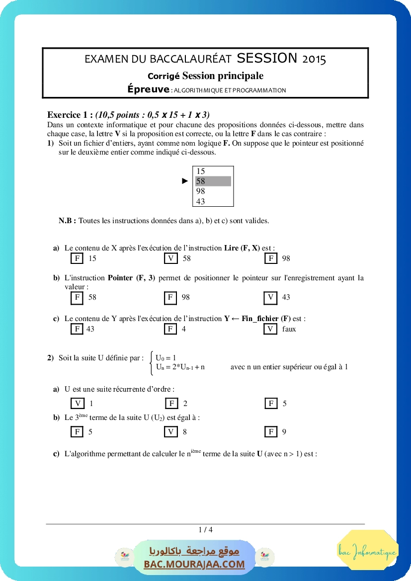 Corrigé principale algorithme Bac 2015 – Section info